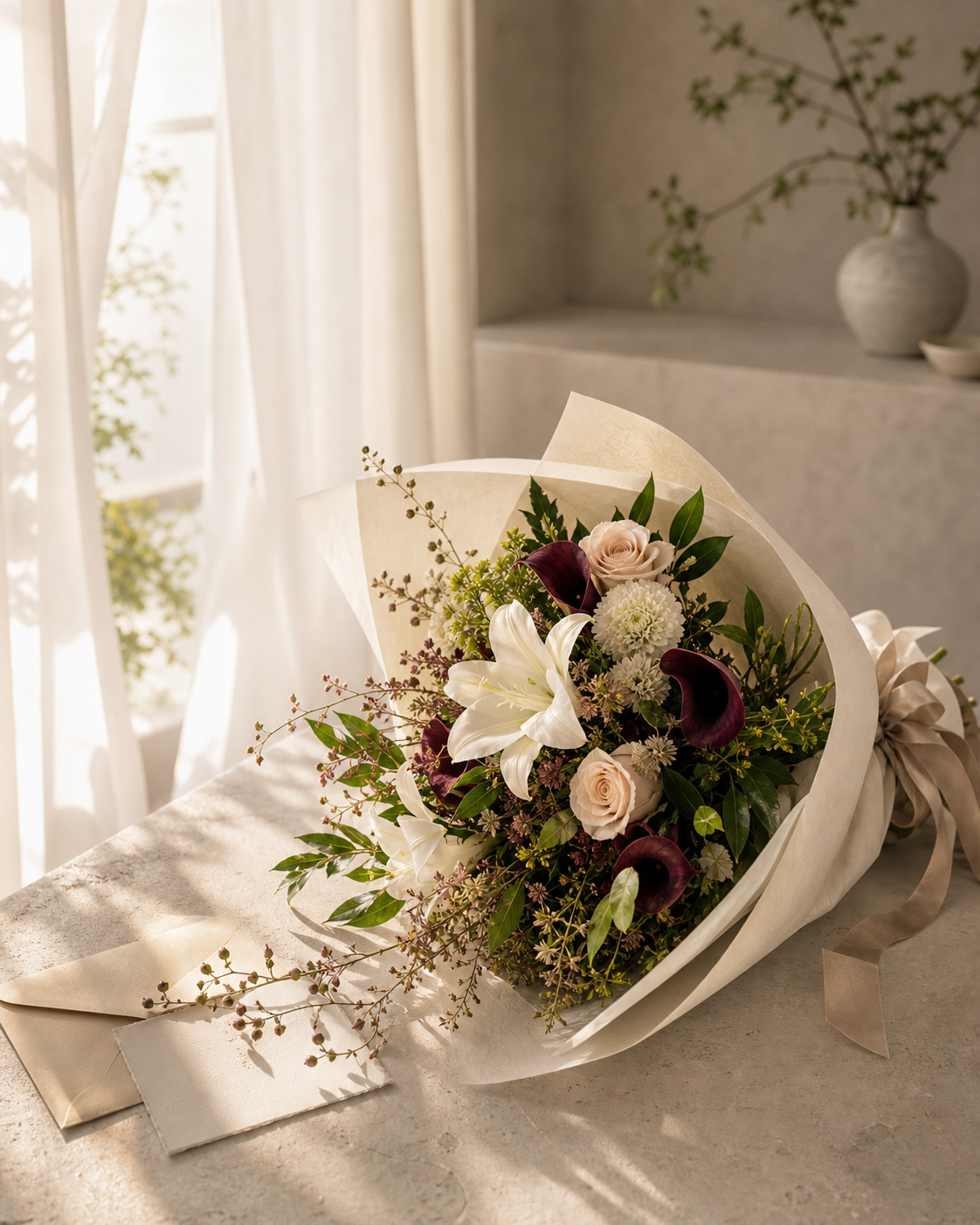 やわらかな光の中で贈る日を待つ上質な花束