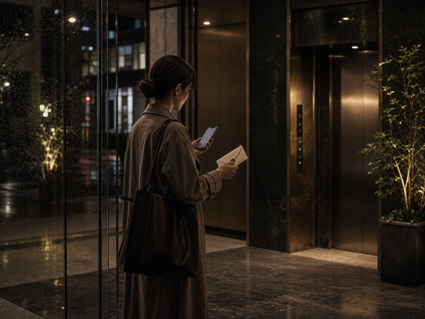 夜のエントランスで直前に花を探す人