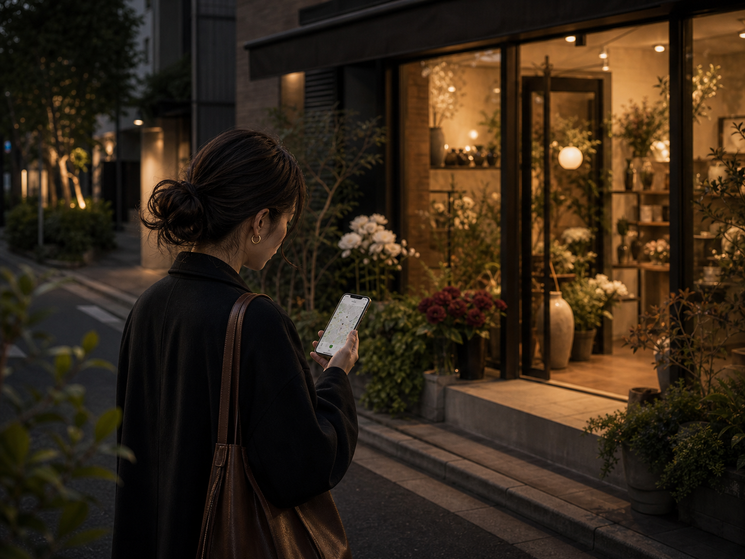 近くの花屋を探しながらスマートフォンを見る人